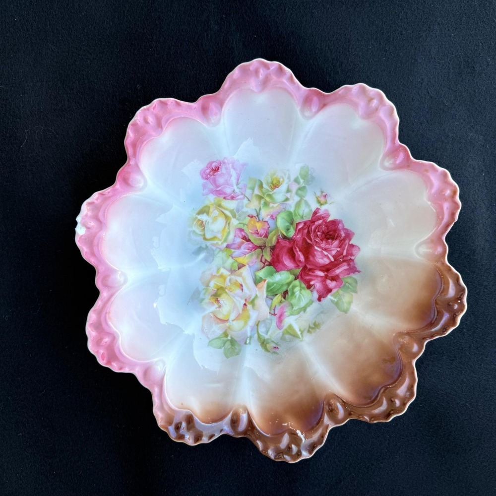 Antique Germany Hand Painted Floral Porcelain Bowl Pink Scalloped 9" handpainted